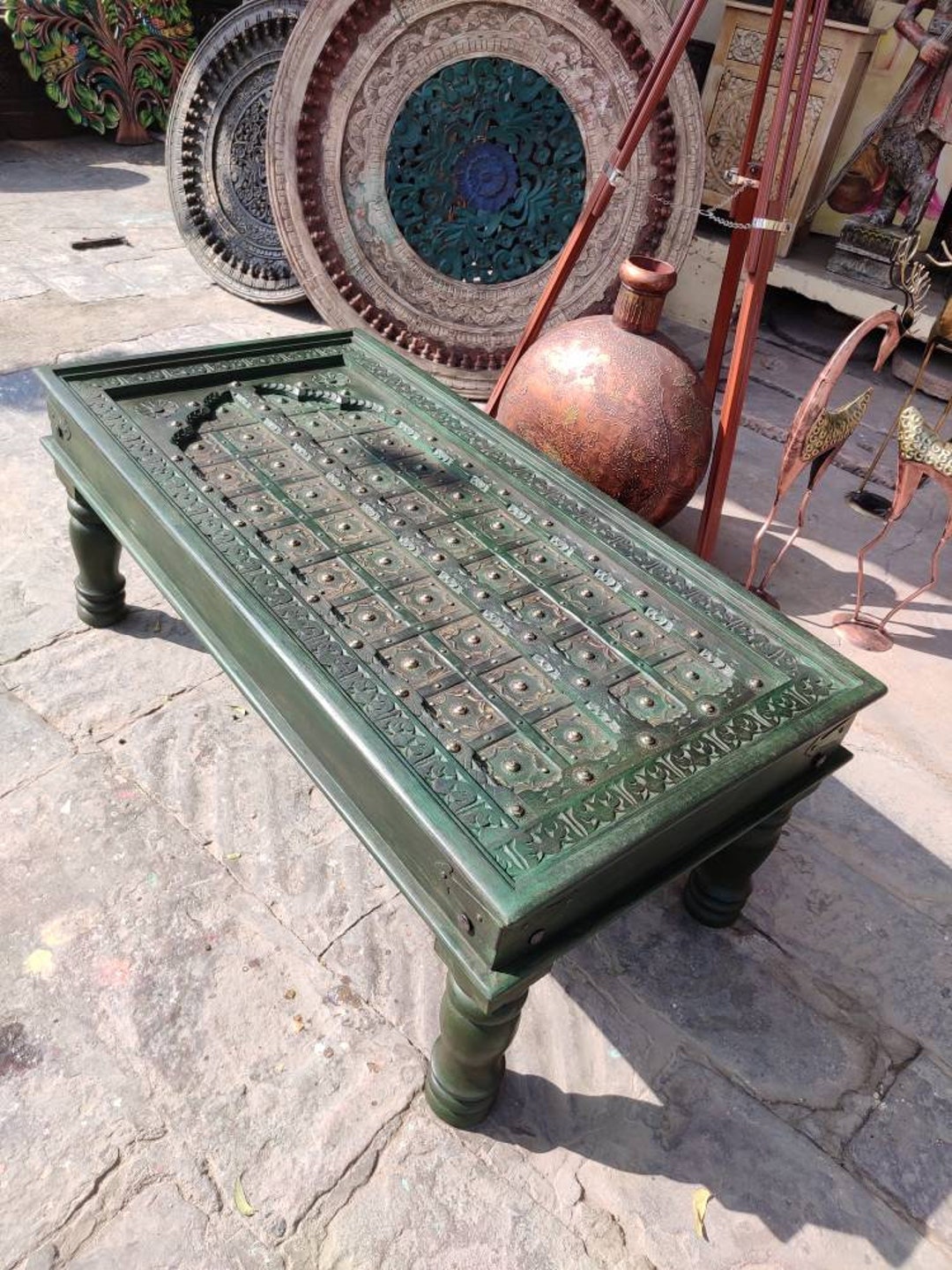 Wooden Coffee Table With Carving & Brass Work/wooden Sofa Table/wooden