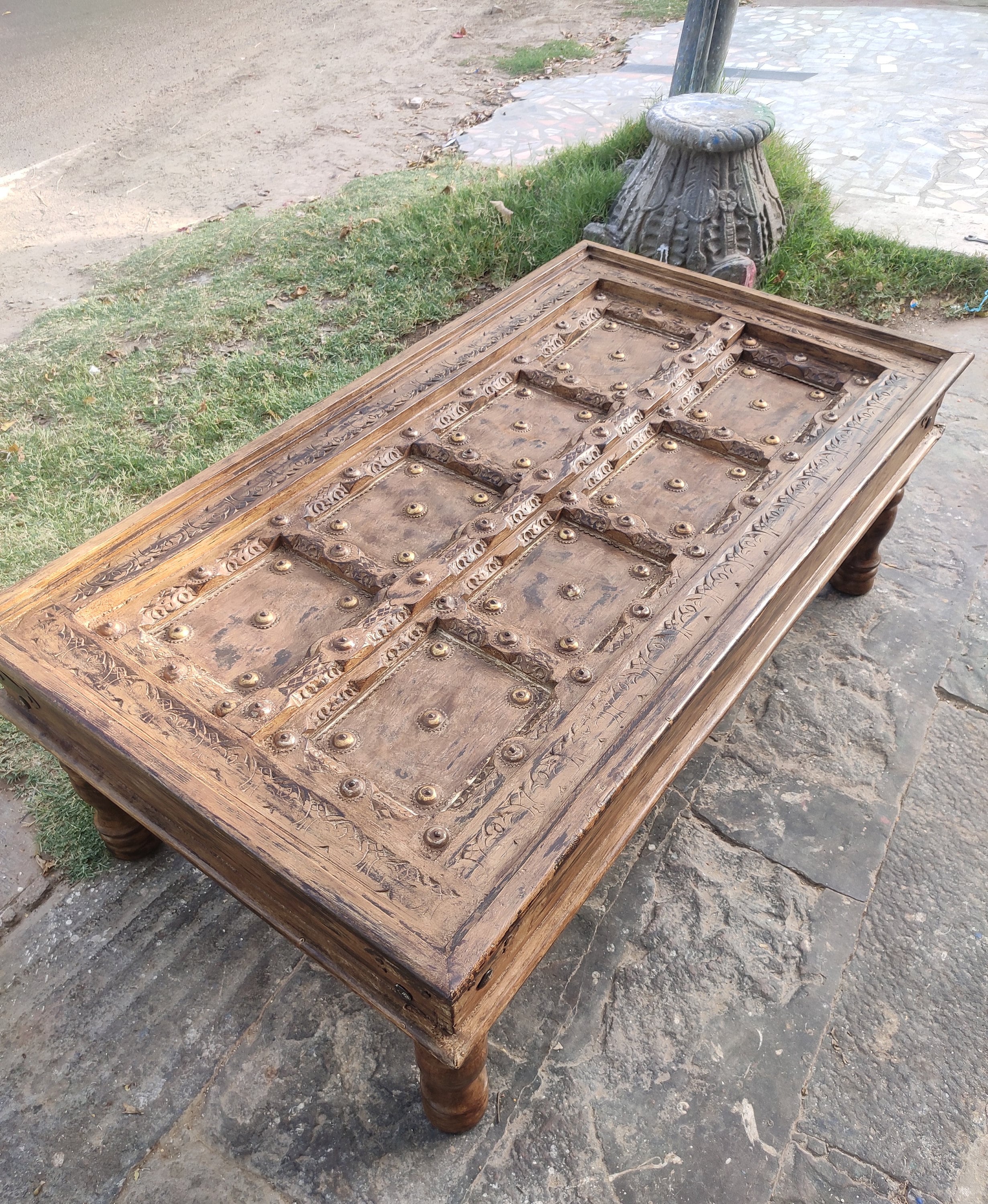 Wooden Vintage Coffee Table With Metal Work & Distressed