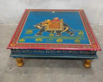 Handmade Painted Mango Wood Chowki Table, Indian Decor.