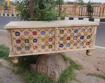 Wooden table with tiles,metal work and distressed finished/ wooden trunk box/wood storage box/wood chest box/wood cofee table/handmade trunk