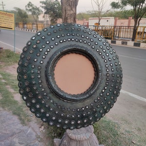 Indian wooden carved and glass fitted distressed finished round mirror frame/ mirror frame/wall decor frame/ceiling decor frame/wall hanging