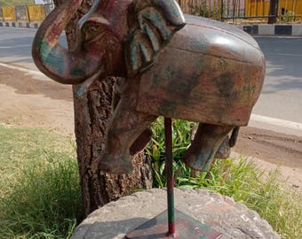 Hand Carved Wooden Elephant on Stand, Distressed Finish