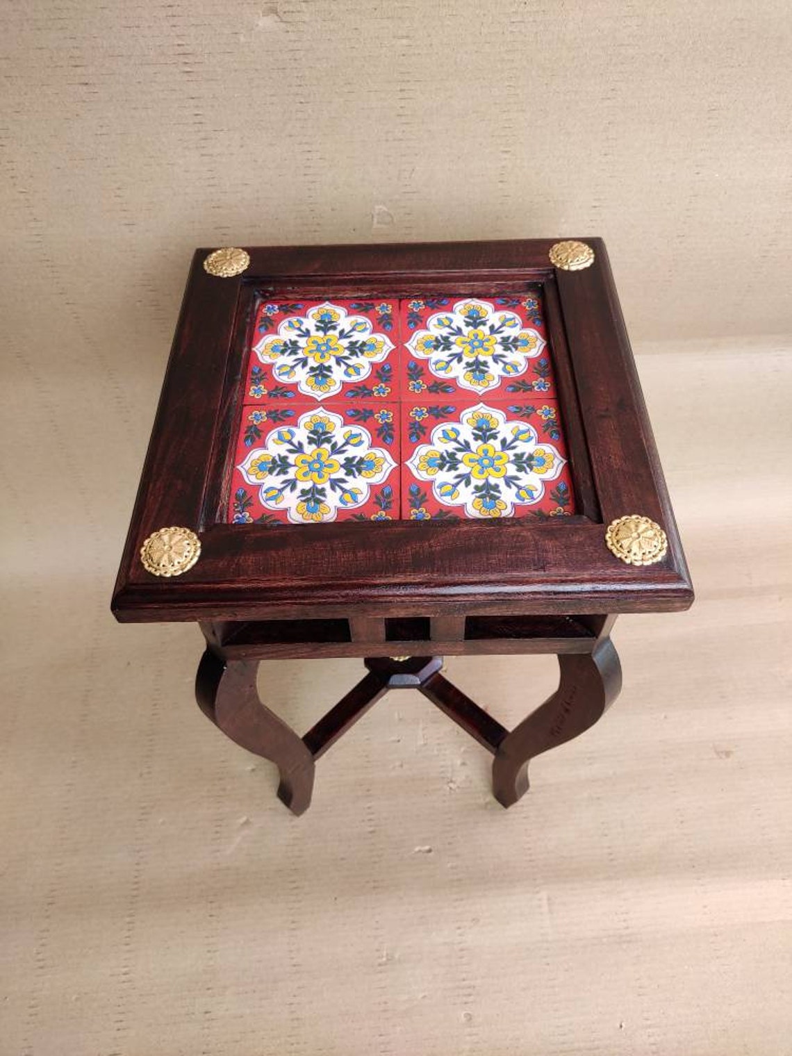 Indian Wooden Side Table With Brass and Ceramic Tiles Fitted / Etsy