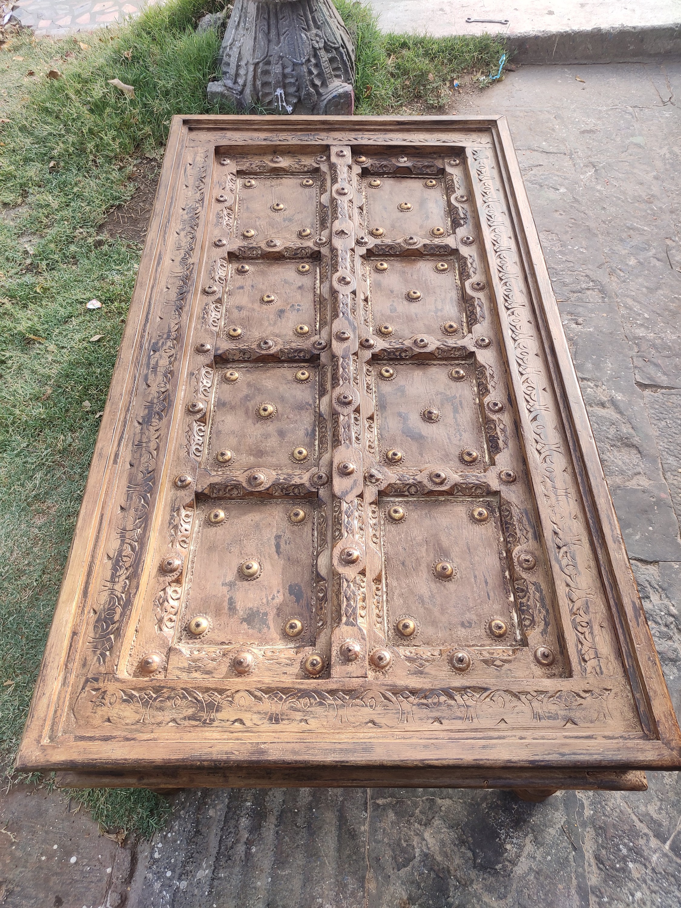 Wooden Vintage Coffee Table With Metal Work & Distressed