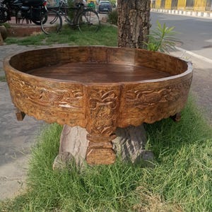 Wooden Indian birds carved chakki grinder table,engraved distressed finished chakki table,Indian low table, wooden coffee table, round table