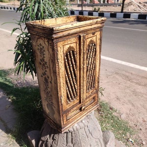 Wooden carved bedside table with drawer/painted bedside/storage box/statue stand/flower pot stand/vintage bedside/handpainted wood cabinet