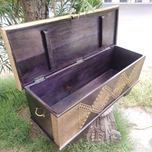 Wooden wheel box with brass work/wooden trunk box/wooden storage box/wooden chest box/wooden cofee table/handmade trunk/wooden blanket box.