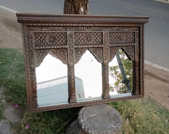 Ethnic vintage style carved triple arch mirror frame/handmade mirror frame/rustic frame/arch jharokha/wooden mirror frame/handcarved frame.