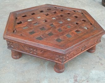 Vintage Indian hexagon wooden Chowki with jali work/wooden low coffee table/Wooden Handmade Bajot/wooden chowki/wooden hexagon side Table