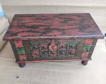 Handcrafted Vintage Wooden Trunk Box with Metalwork
