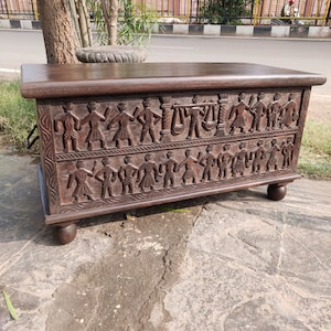 Handcarved wood storage tribal carved box/wooden chest box/handmade chest/carved chest/handcrafte chest box/dowry box/wooden carved trunk.