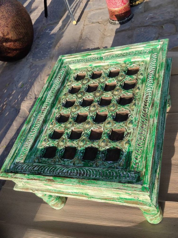 Wooden Vintage Coffee Table With Metal Work & Distressed