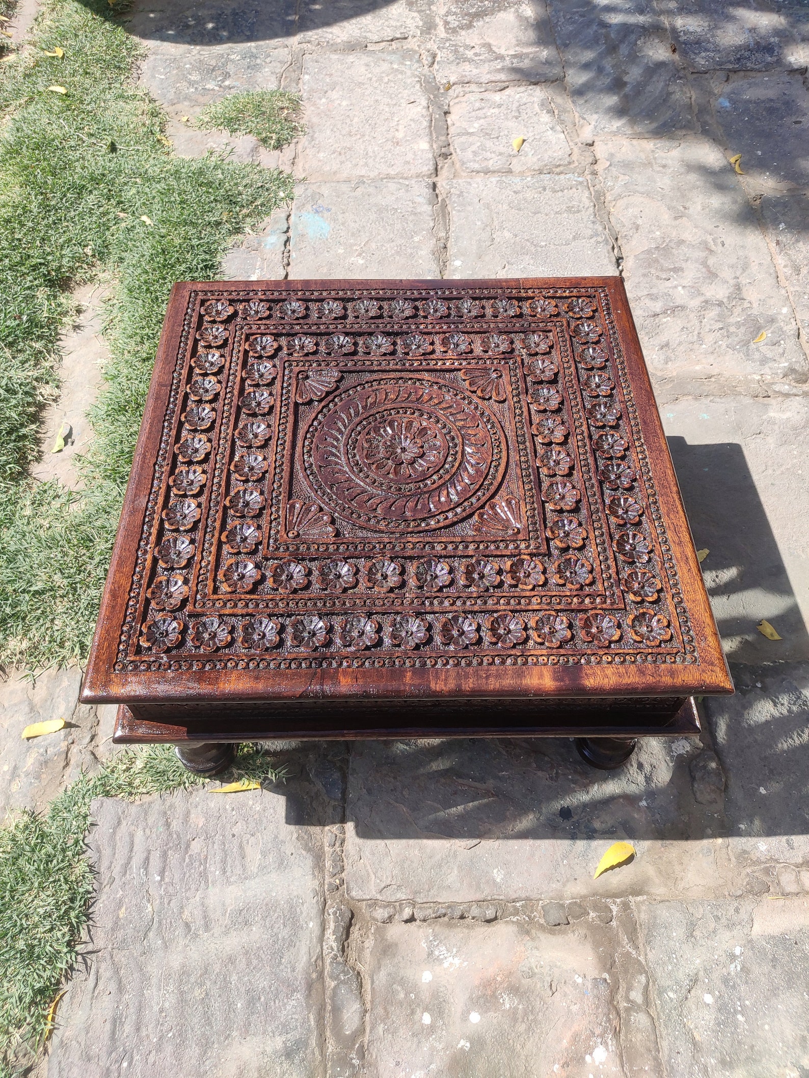 Handcarved Wooden Indian Chowki Table: Vintage Style Bajot, Home Decor ...