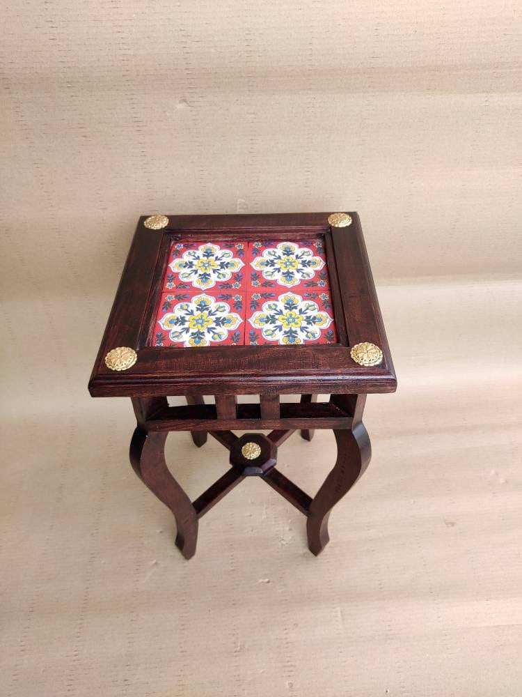 Indian Wooden Side Table With Brass and Ceramic Tiles Fitted / Etsy