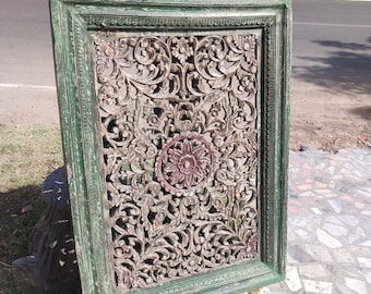 Vintage Carved Wood Wall Panel, Distressed Indian Jali Decor