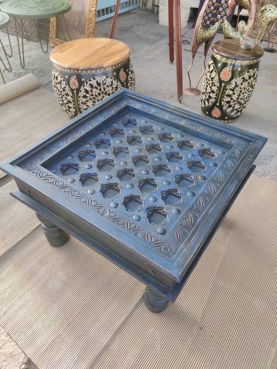 Wooden Vintage Coffee Table With Metal Work & Distressed Finished