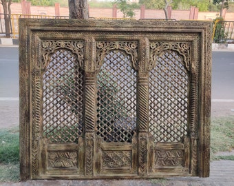 Distressed Mango Wood Carved Wall Panel, Indian Jali Decor