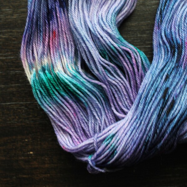 WORSTED Superwash Merino Wool Yarn, Party Time Hand Dyed yarn, Purple, Dark Purple, Navy, Teal, Magenta, White/Cream 100g, 215 yards 4 ply