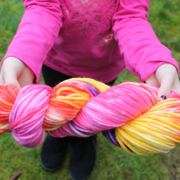 BULKY Fine Superwash Merino Wool Yarn, Sour Patch Hand Dyed yarn, Red, Yellow, Pink, Purple 100g, 137 yards