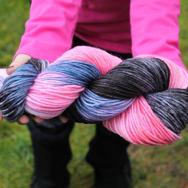 WORSTED Superwash Merino Wool Yarn, Galaxy Hand Dyed yarn, Black, Denium Blue and Pink 100g, 215 yards 4 ply