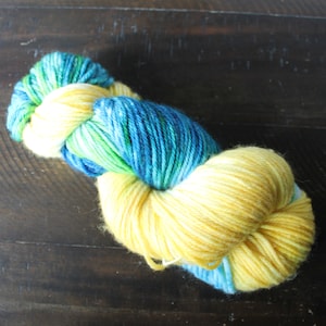 WORSTED Superwash Merino Wool, Blue Hippo Tang Fish Hand Dyed yarn, Blue, Yellow, Green and White/Cream 100g, 220 yards, Food Coloring