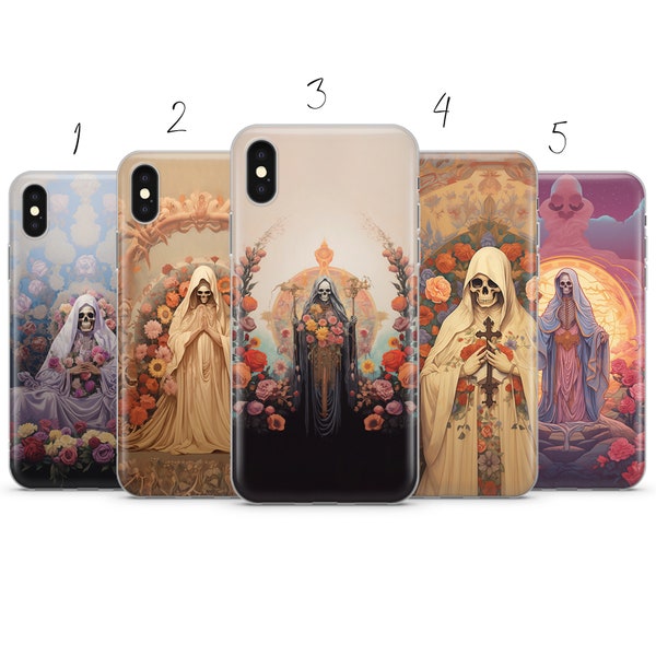 Santa Muerte icon floral beige earthy phone case cover compatible for Pixel Samsung iPhone Huawei 11 12 13 14 6 22 23 Ultra Fe Pro Max 15