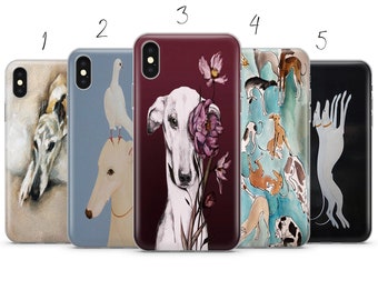 May include: Set of five phone cases featuring different watercolor illustrations of greyhounds. The cases are clear and show the designs through the back of the phone case.