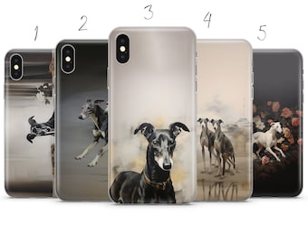 May include: Five different phone cases featuring a black and white Greyhound dog. The cases have different backgrounds, including a blurred background, a floral background, and a background with a cityscape.