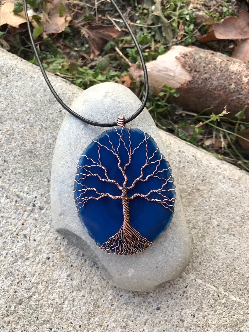 \u201cBrighton\u201d Agate Slice /& Copper Wire Wrapped Pendant Tree of Life Handmade with Adjustable Leather Cord
