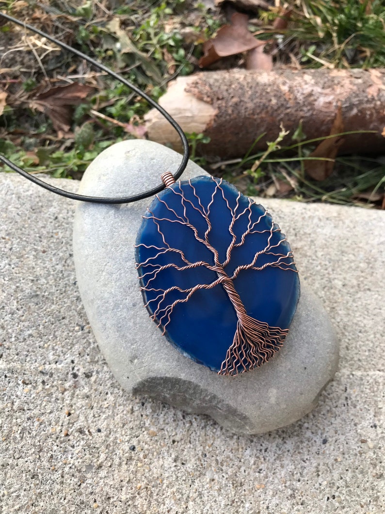 \u201cBrighton\u201d Agate Slice /& Copper Wire Wrapped Pendant Tree of Life Handmade with Adjustable Leather Cord
