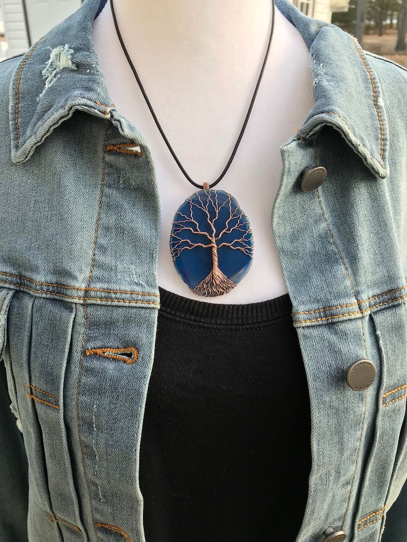 \u201cBrighton\u201d Agate Slice /& Copper Wire Wrapped Pendant Tree of Life Handmade with Adjustable Leather Cord