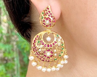 Classic Chandbali earrings made in Gold Plated Sterling Silver, Studded with stones using Traditional Indian jadau Technique