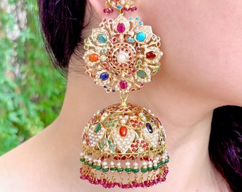 Bridal Wear Navratna Jhumka in 22k gold