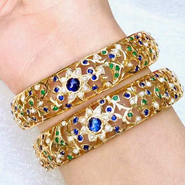 Jadau Bangles in Gold Plated Silver, Crafted with Vintage Indian/Pakistani Jadau Jewelry Making Technique