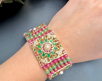 Traditional Punjabi Jadau Bracelet in Gold Plated Silver Crafted