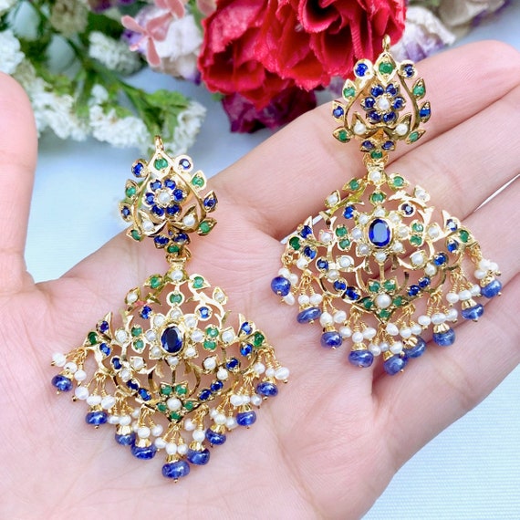 Gold Plated Layer Design Earrings with Kundan and Pearl Work