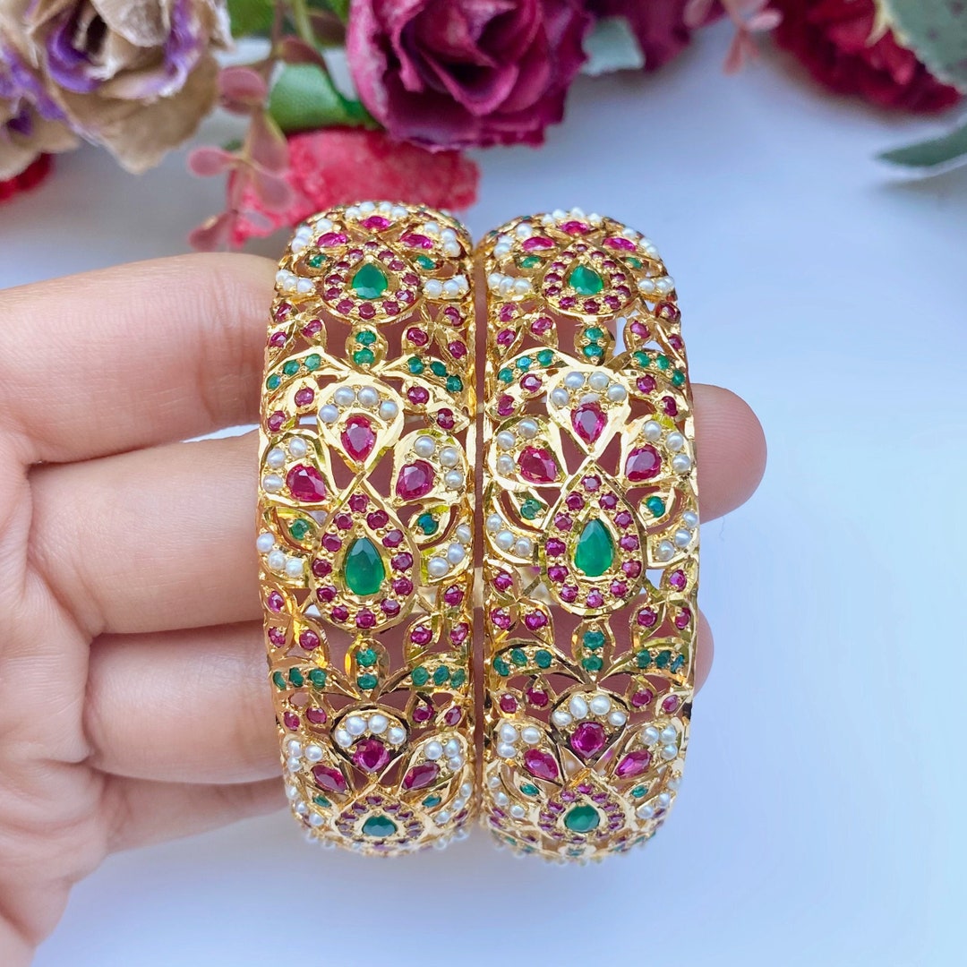 Gold Plated Jadau Bangles on Silver Studded With Multicoloured Stones Etsy Australia