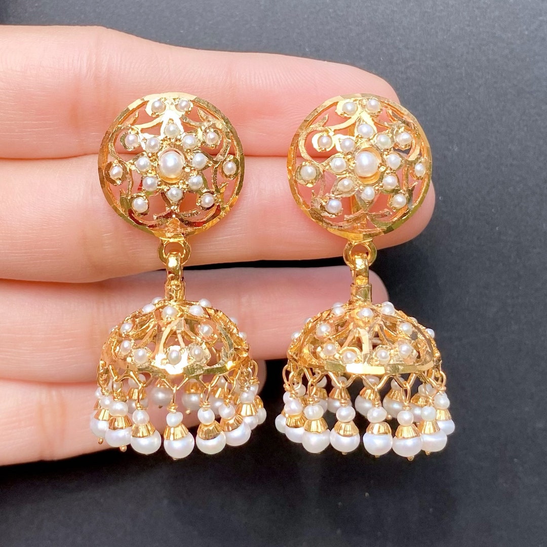 Light Pearl Jhumkas in Gold Plated Silver, Crafted With Traditional