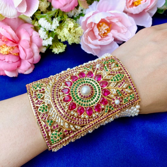 Fashion Wide Bracelet Gold Tone Red Beads Fancy Bangle Wrist Band Jewelry  New | eBay