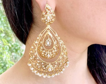 Oversized Pearl Statement Earrings in Gold Plated Silver Crafted with Indian / Pakistani Jadau Jewelry Making Technique