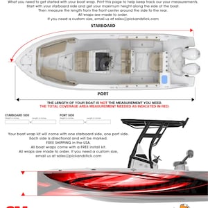 May include: A diagram showing how to measure a boat for a custom boat wrap. The diagram shows a boat from above with measurements for the starboard and port sides. The text reads "The length of your boat is not the measurement you need. The total coverage area measurement needed as indicated in red."