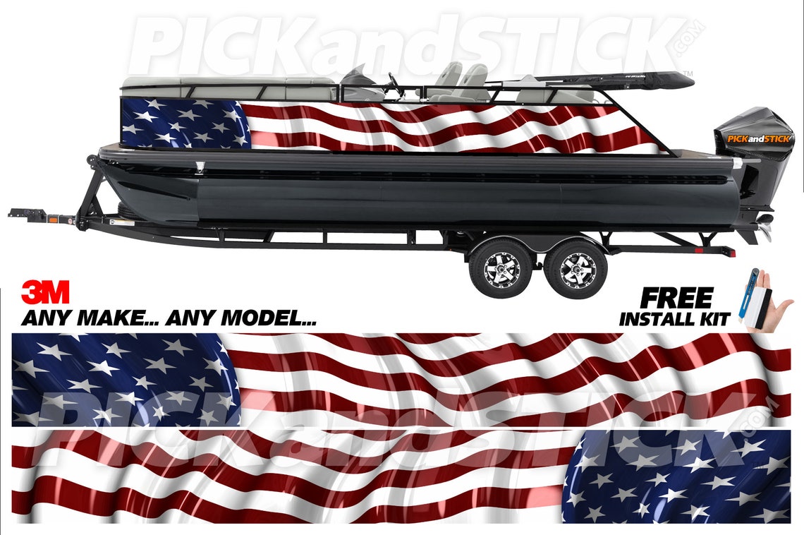 American Flag Waving Pontoon Boat Wrap 3M DIY Decal Air Release Any