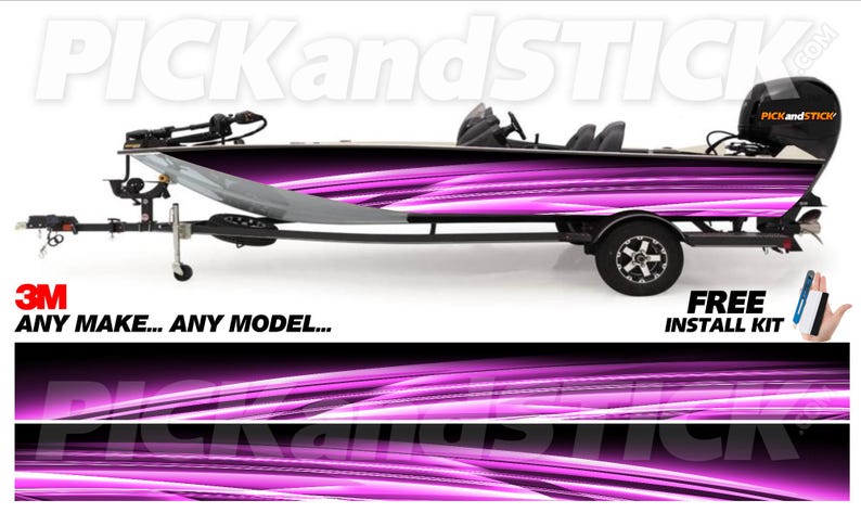 May include: A purple and black bass boat on a trailer, with a matching graphic design. The boat has a motor and is labeled "PICKandSTICK". The text "3M ANY MAKE... ANY MODEL..." is visible. A free install kit is included.