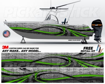 May include: A green, black, and gray boat wrap design with a distressed look. The design features a series of curved lines and swirls. The text "PICKandSTICKY" is visible in the upper right corner of the image. The text "CUSTOM SIZES CAN BE MADE FOR ANY MAKE... ANY MODEL..." is visible in the lower left corner of the image. The text "FREE INSTALL KIT" is visible in the lower right corner of the image.