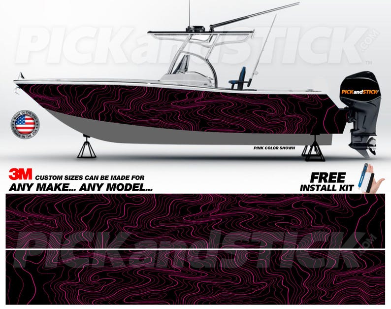 May include: A black and pink boat wrap with a topographic design. The wrap is made of 3M vinyl and is available in custom sizes. A free install kit is included.