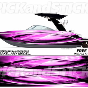 May include: A pink and black boat wrap design with a white and black abstract pattern. The design is shown on a boat with a black top and a pink color shown. The text "PINK COLOR SHOWN" is visible in the image. The text "FREE INSTALL KIT" is also visible in the image.