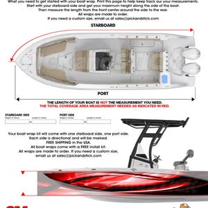 May include: A boat measuring guide with a top-down view of a boat, illustrating how to measure for a boat wrap. Text includes instructions, measurement points, and the phrase "ANY MAKE... ANY MODEL..."