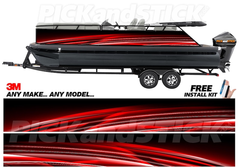 Op de afbeelding: Zwarte pontonboot met een abstract rood en wit ontwerp. De boot staat op een aanhanger en heeft een motor. De tekst "ANY MAKE... ANY MODEL..." is zichtbaar. De woorden "FREE INSTALL KIT" zijn ook zichtbaar.