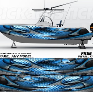May include: A motorboat with a blue and silver design. The boat has a white top and a black motor. The text "PICKandSTICK" is visible on the motor. The text "BLUE COLOR SHOWN" is also visible.