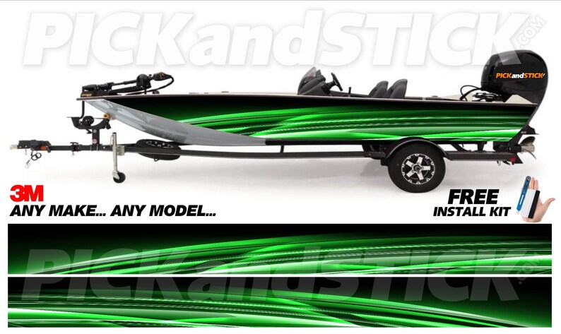 May include: A green and black bass boat on a trailer. The boat has a sleek design with a vibrant green wave pattern along the sides. The boat is equipped with a motor and fishing equipment.